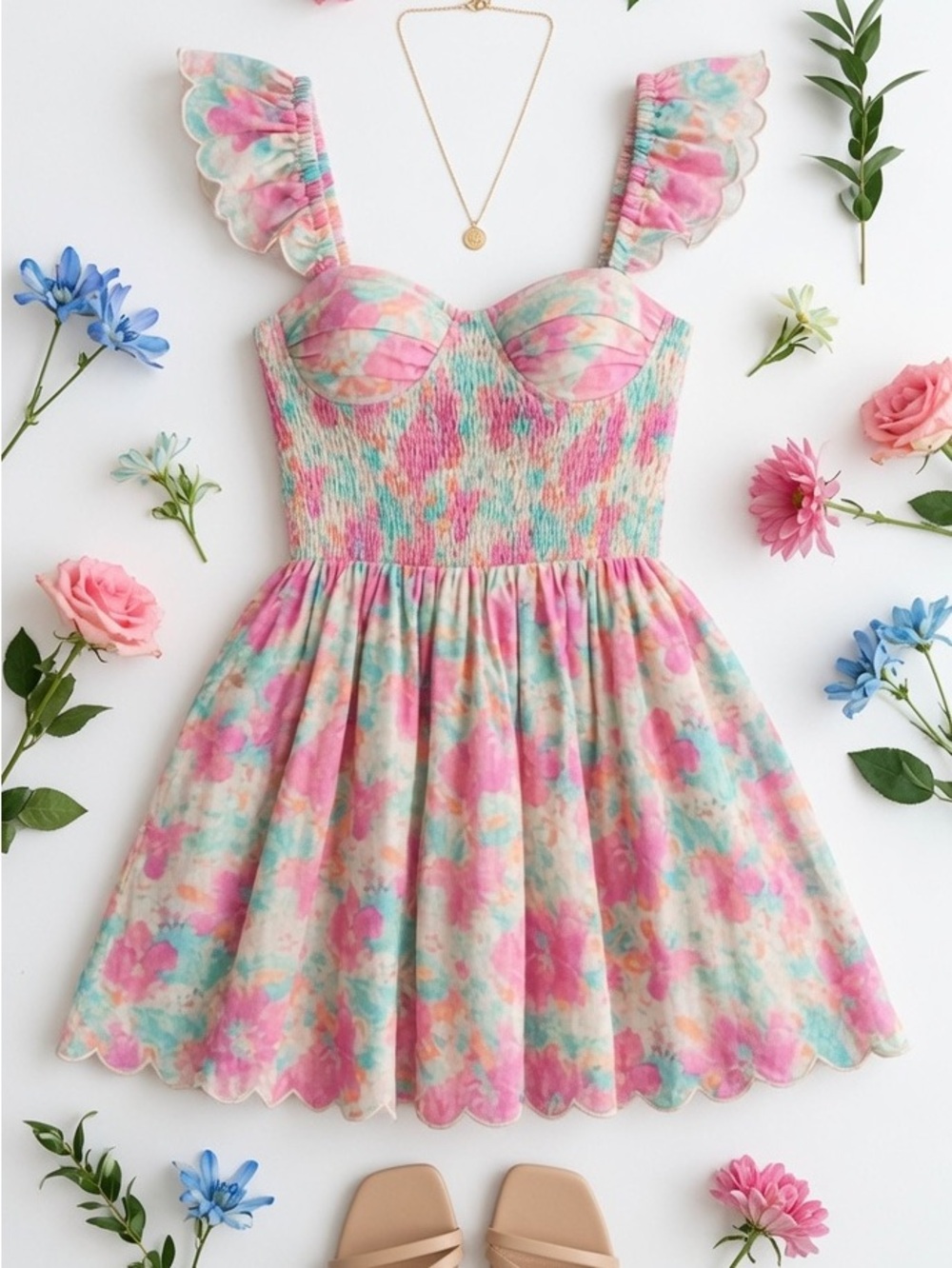 Floral Print Ruffle Sleeve Smocked Mini Dress